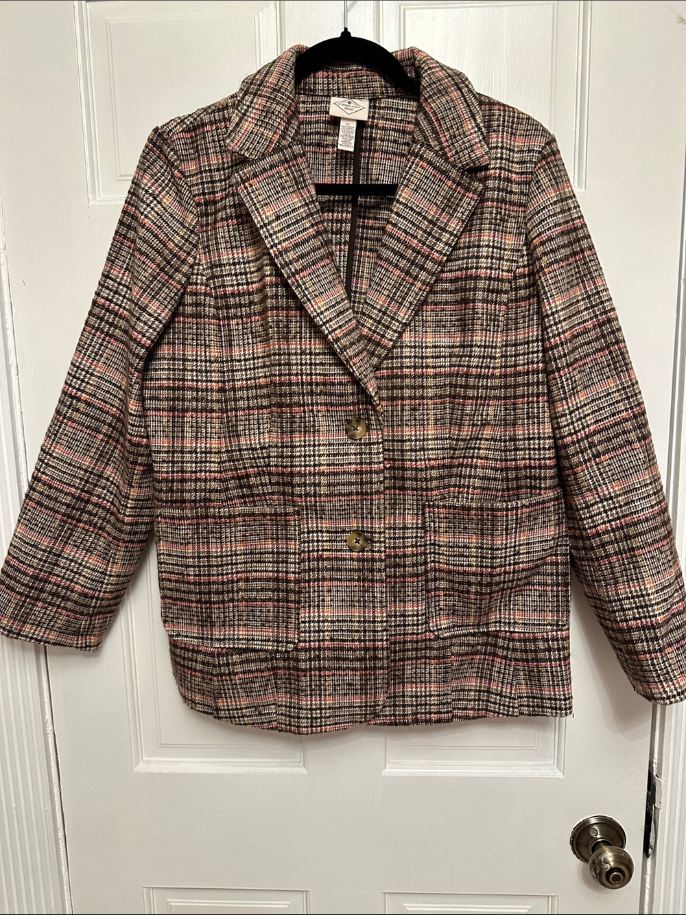 St. John's Bay Pink and Cream Plaid Notch-Lapel Blazer